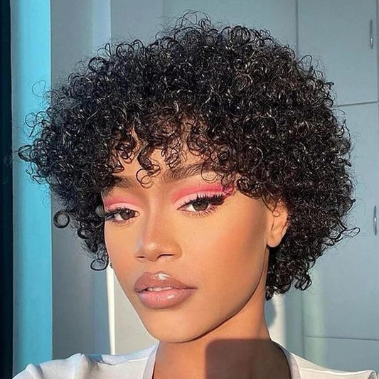 Short Curly Pixie Cut Human Hair Wig with Bangs, Natural Black Wear & Go Style, 100% Virgin Hair