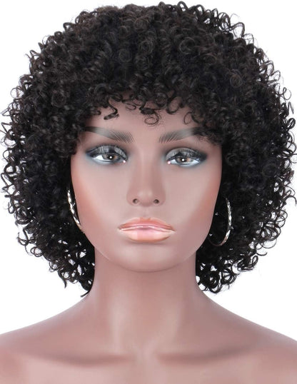 Short Curly Pixie Cut Human Hair Wig with Bangs, Natural Black Wear & Go Style, 100% Virgin Hair