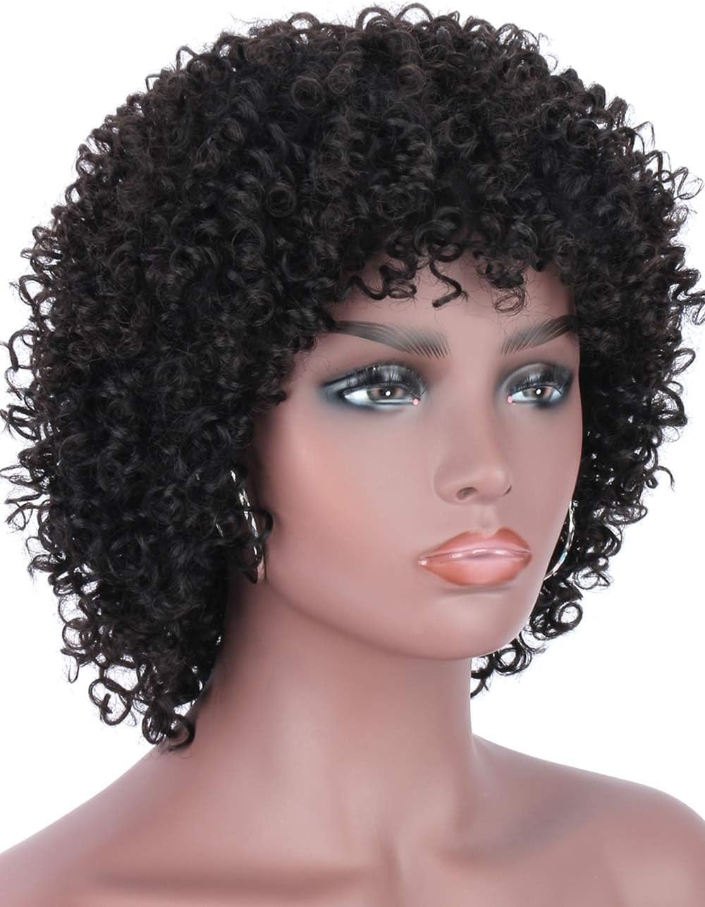 Short Curly Pixie Cut Human Hair Wig with Bangs, Natural Black Wear & Go Style, 100% Virgin Hair