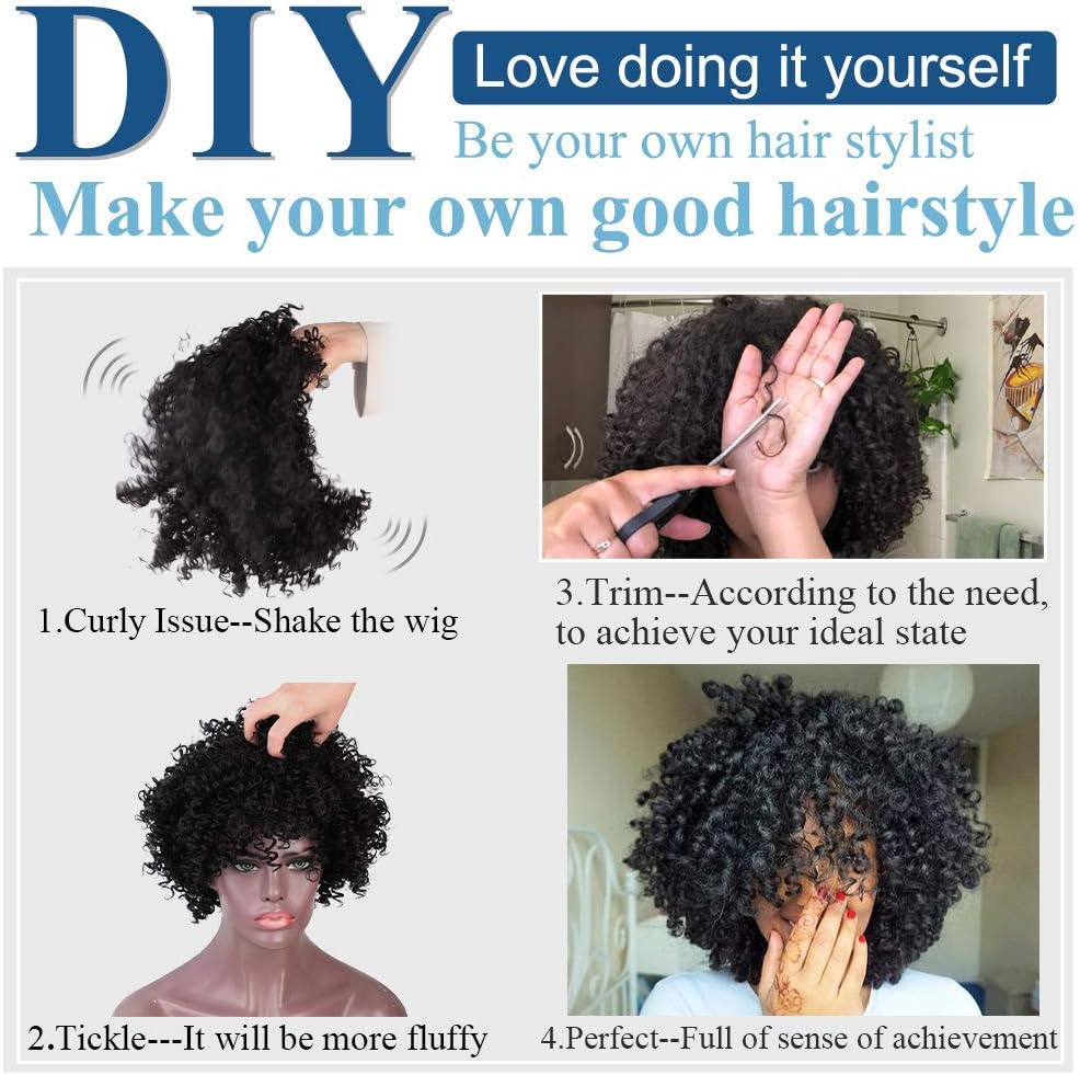 Short Curly Pixie Cut Human Hair Wig with Bangs, Natural Black Wear & Go Style, 100% Virgin Hair