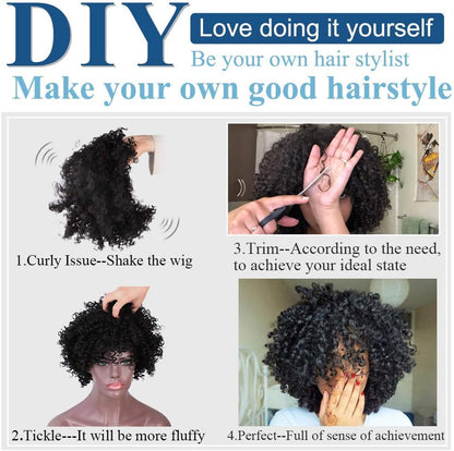 Short Curly Pixie Cut Human Hair Wig with Bangs, Natural Black Wear & Go Style, 100% Virgin Hair