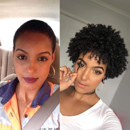 Short Curly Pixie Cut Human Hair Wig with Bangs, Natural Black Wear & Go Style, 100% Virgin Hair