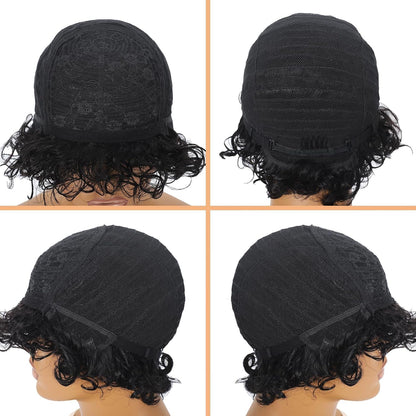 Short Curly Pixie Cut Human Hair Wig with Bangs, Natural Black Wear & Go Style, 100% Virgin Hair