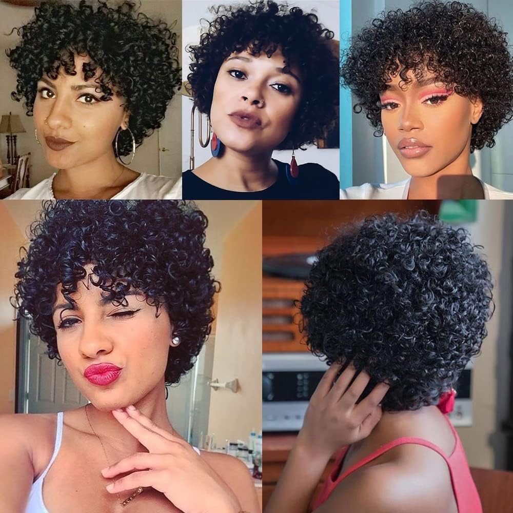Short Curly Pixie Cut Human Hair Wig with Bangs, Natural Black Wear & Go Style, 100% Virgin Hair