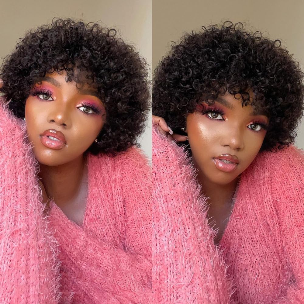 Short Curly Pixie Cut Human Hair Wig with Bangs, Natural Black Wear & Go Style, 100% Virgin Hair