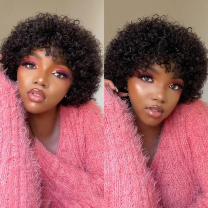 Short Curly Pixie Cut Human Hair Wig with Bangs, Natural Black Wear & Go Style, 100% Virgin Hair